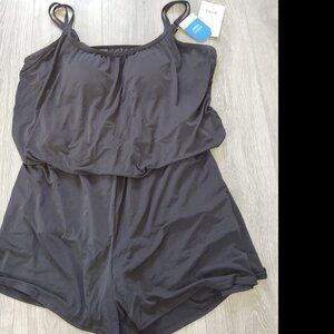 NWT Maxine of Hollywood Blouson Romper One Piece Swimsuit Blouse Top and Shorts